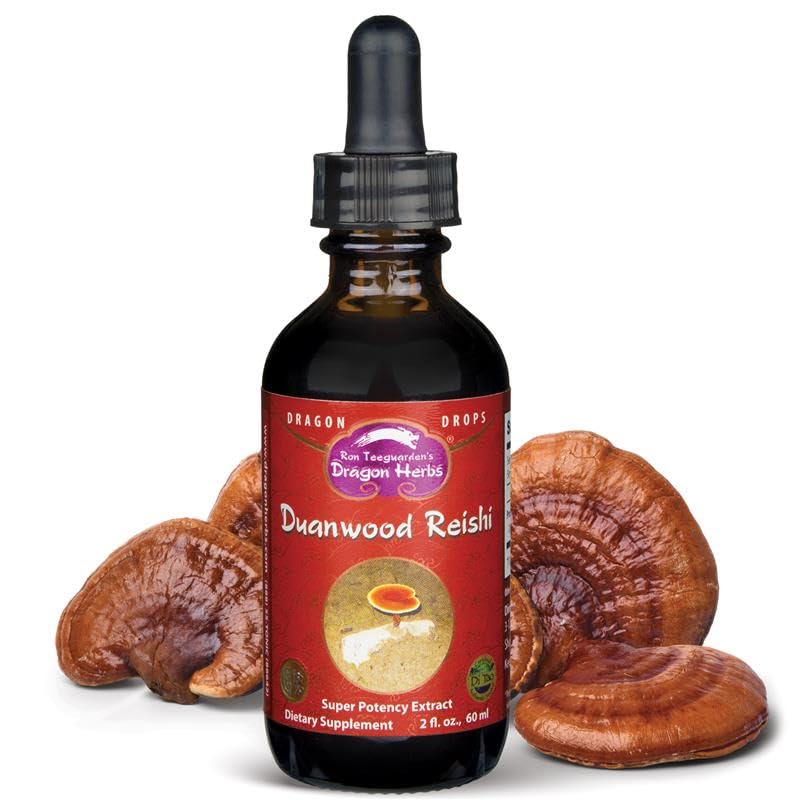 Dragon Herbs Duanwood Reishi Drops bottle close-up for daily vitality