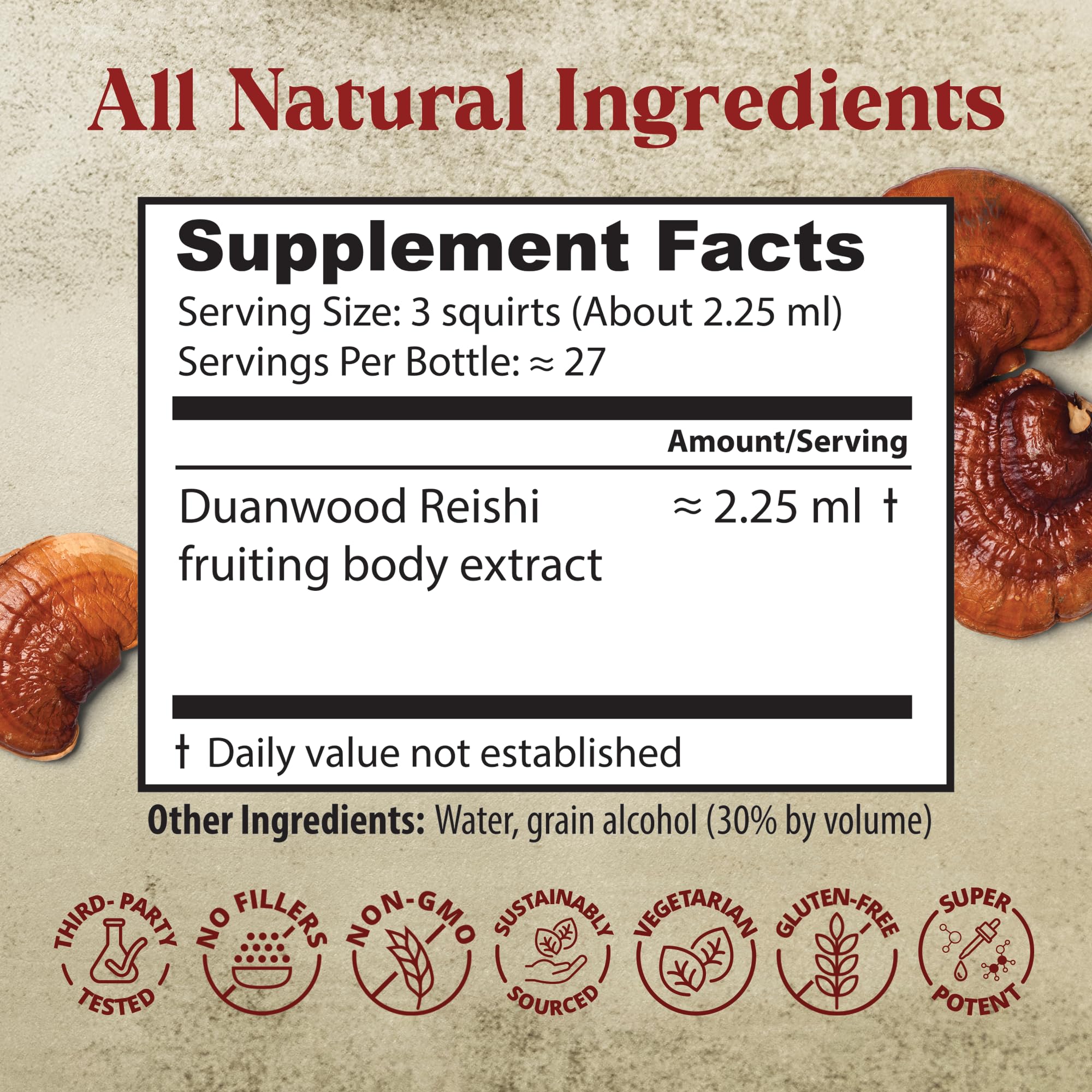 Dragon Herbs Duanwood Reishi Drops bottle on wooden shelf for routine