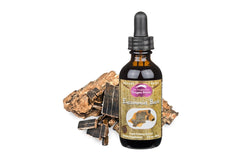 Close-up of Dragon Herbs Eucommia Bark Drops label emphasizing mature bark for joint health potential.