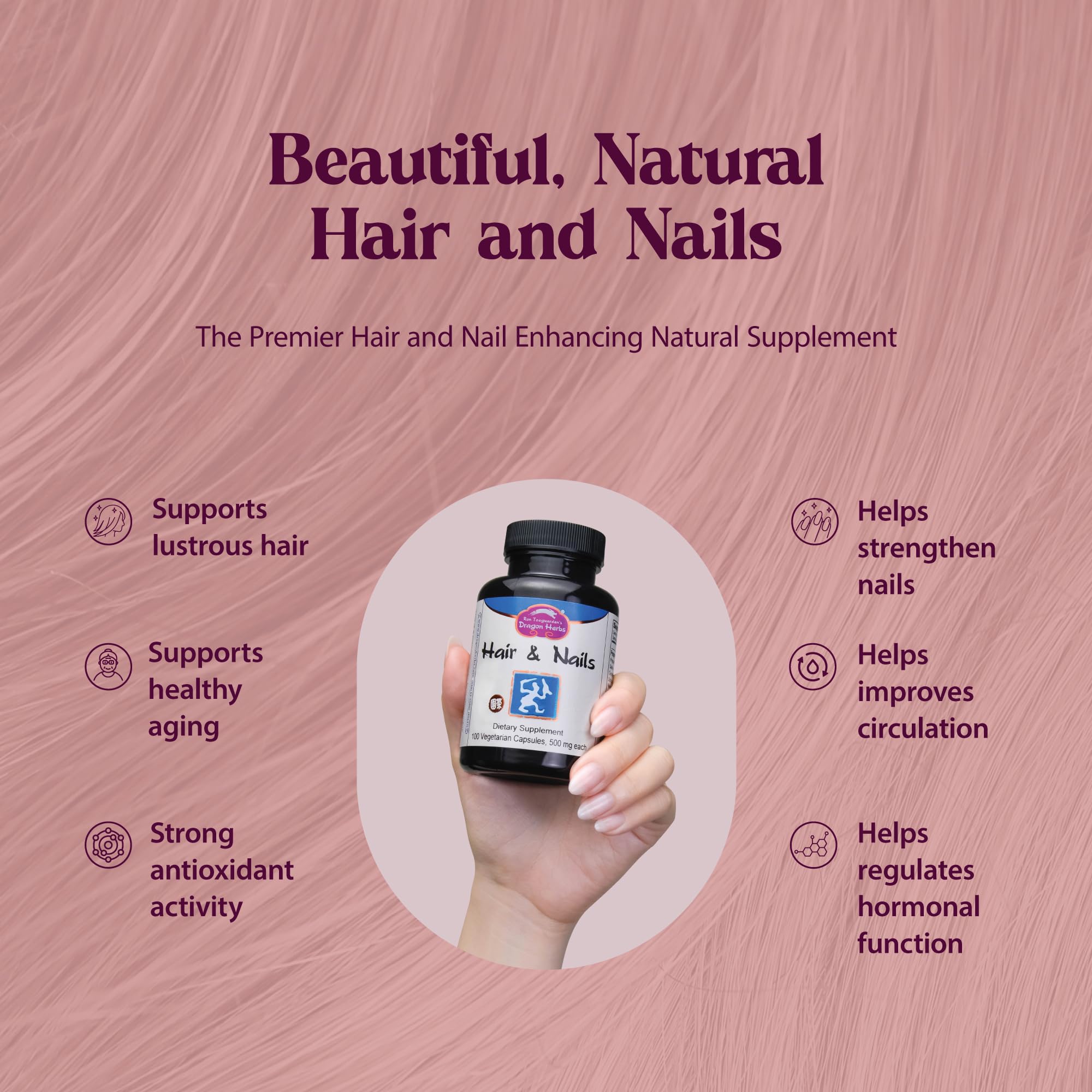 Dragon Herbs Hair and Nails capsules closeup emphasizing easy daily dosing.