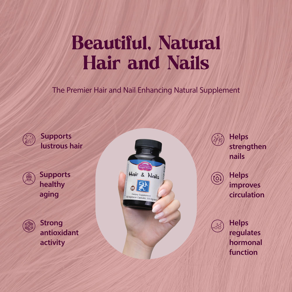 Dragon Herbs Hair and Nails capsules closeup emphasizing easy daily dosing.