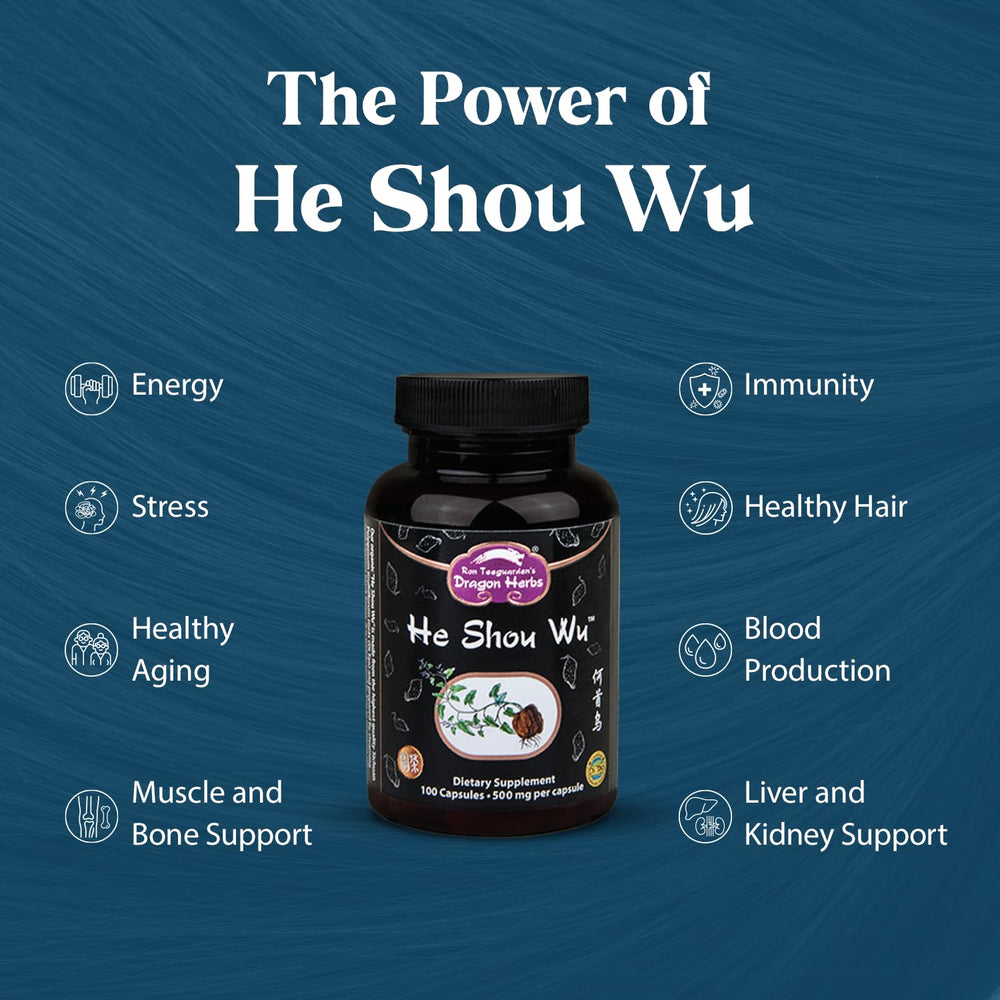 Dragon Herbs He Shou Wu capsules close-up suggesting convenient daily use