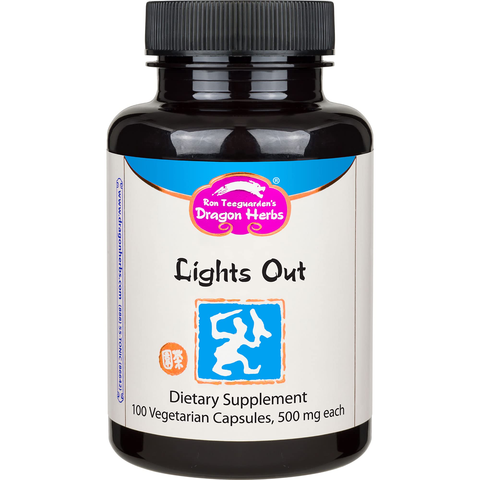 Dragon Herbs Lights Out capsules on nightstand signaling a calm bedtime routine.