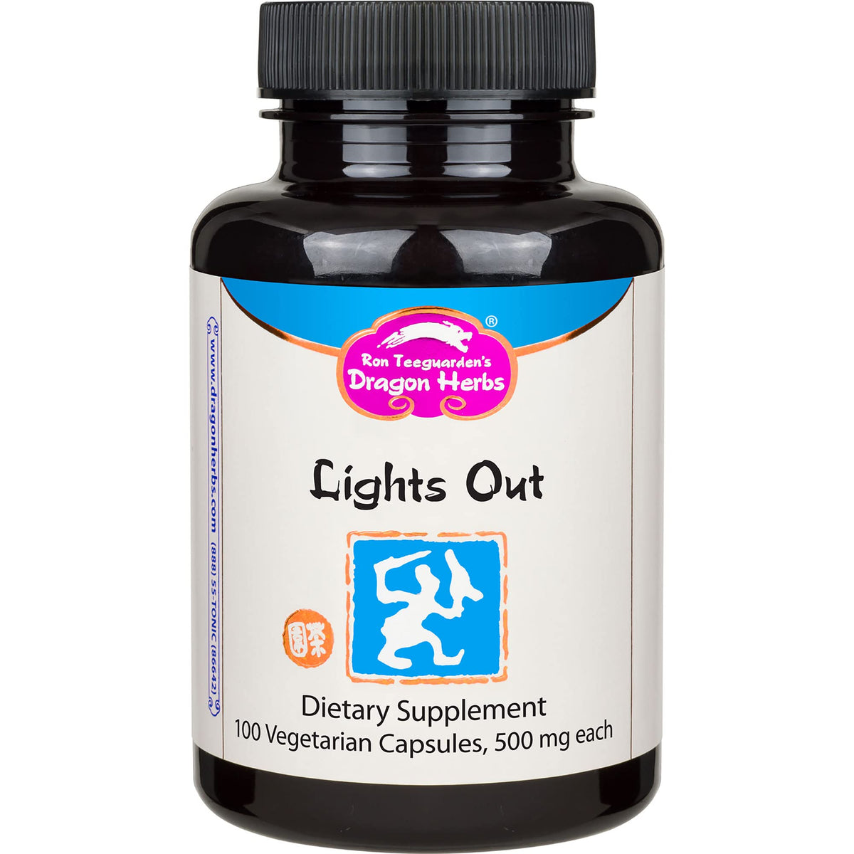 Dragon Herbs Lights Out capsules on nightstand signaling a calm bedtime routine.