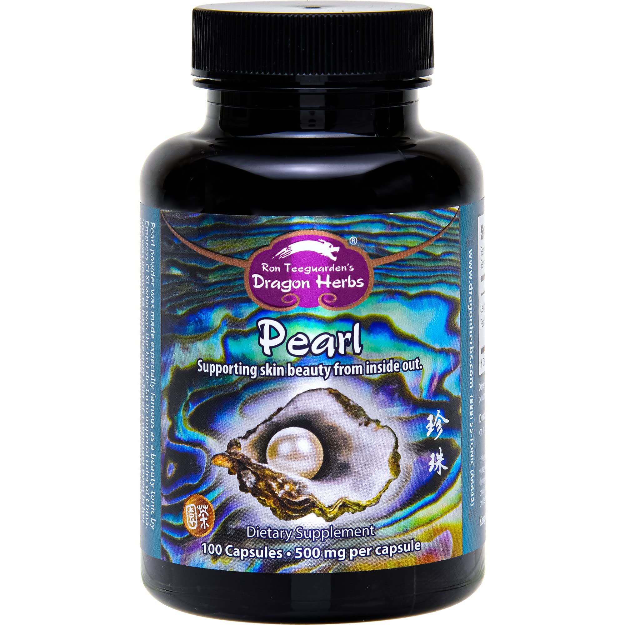 Dragon Herbs Pearl Powder Capsules bottle front promoting radiant skin and beauty.
