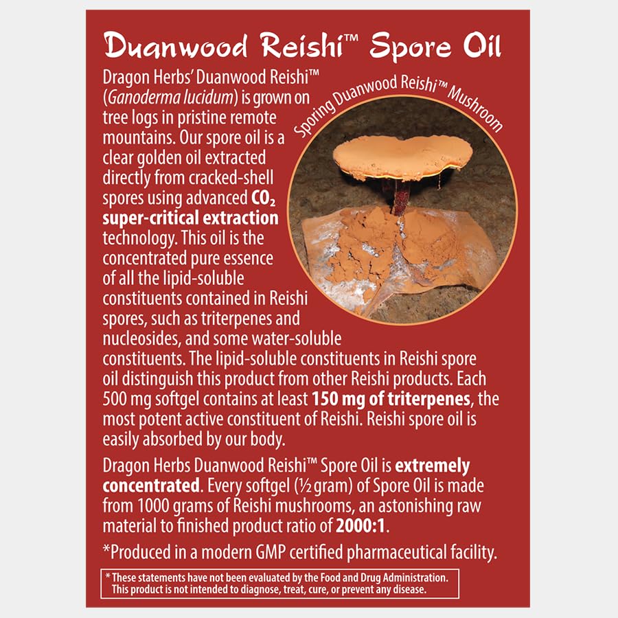 Dragon Herbs Reishi Spore Oil capsules close-up with glossy softgels.