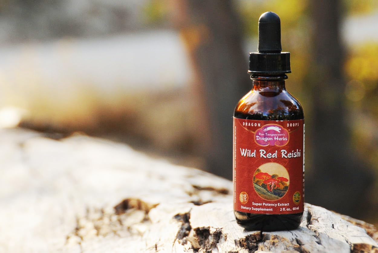 Dragon Herbs Wild Red Reishi Drops label highlighting wild-harvested origin for authenticity.