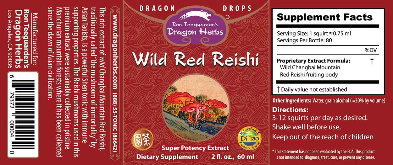 Dragon Herbs Wild Red Reishi Drops pour for easy dosing and rituals with focus.