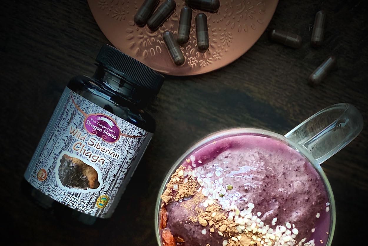 Dragon Herbs Wild Siberian Chaga capsules closeup shows convenient daily use.