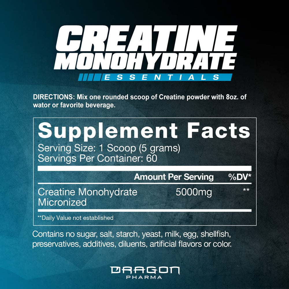 DRAGON PHARMA Creatine Monohydrate powder highlights ultra-pure formula.