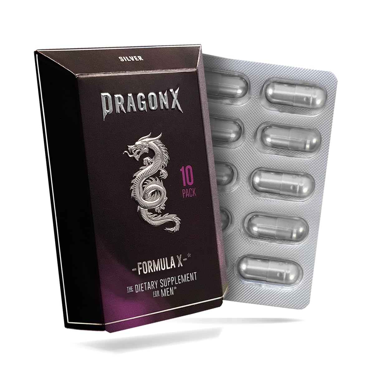 DRAGONX Silver bottle closeup shows fast-acting stamina support.