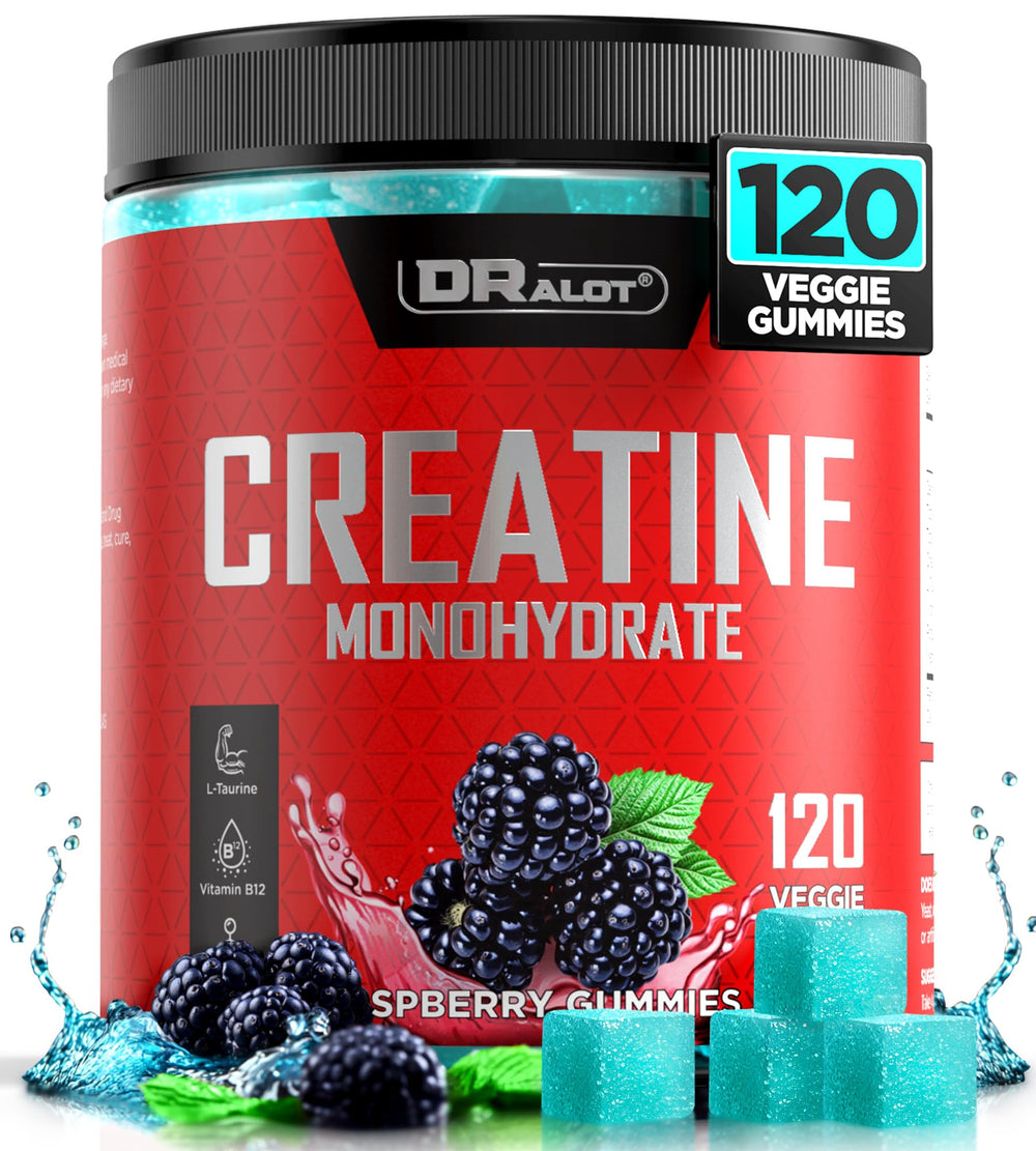 Dralot Creatine Gummies bottle pour demonstrates convenient on-the-go energy for workouts.