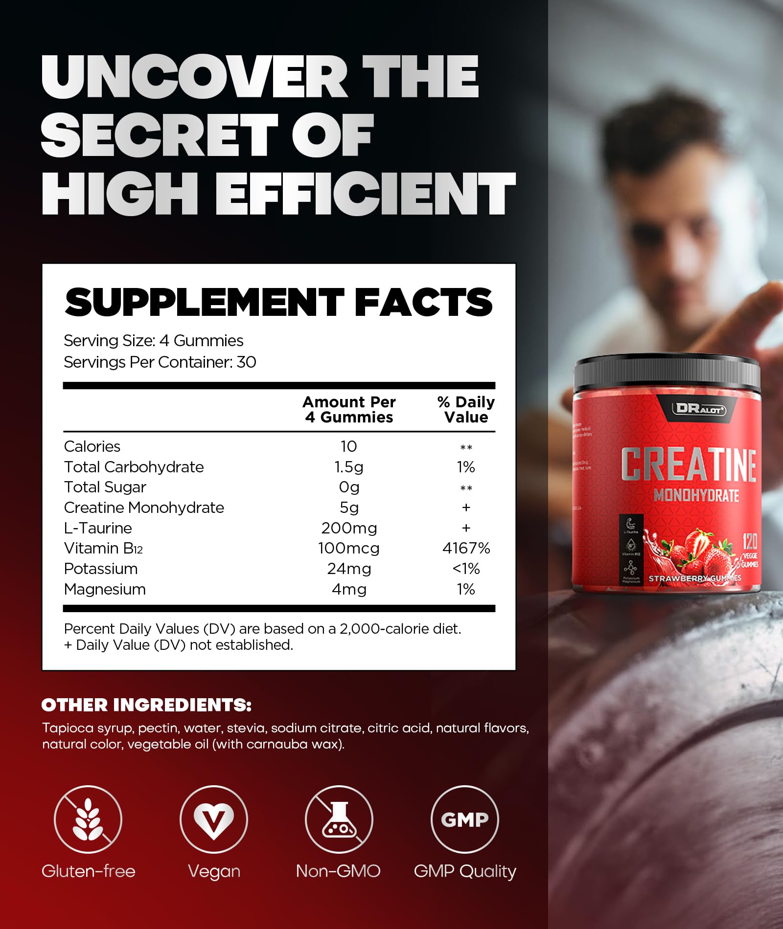 Dralot Creatine Gummies nutrition label highlights zero sugar and vegan recipe.