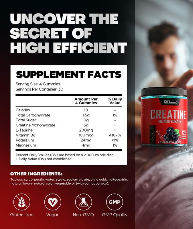 Dralot Creatine Gummies texture close-up emphasizes cloud-soft chew with natural pectin.