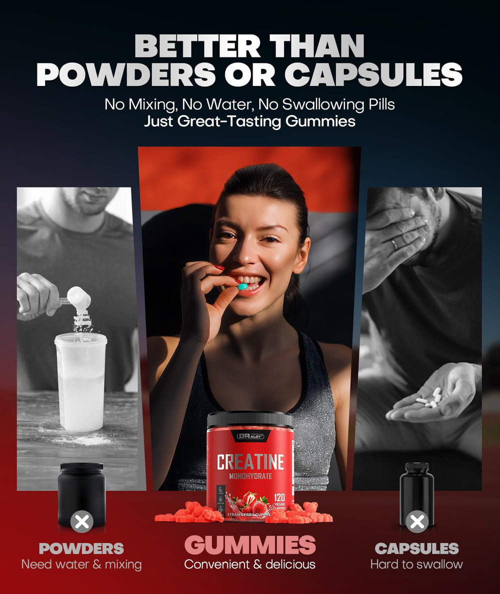 Dralot Creatine Gummies vegan formulation badge indicates plant-based power.