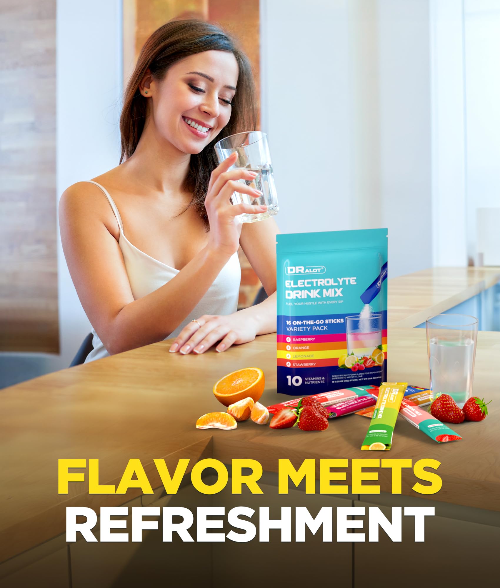 Dralot Juicy Splash powder dissolves quickly in water for smooth hydration.