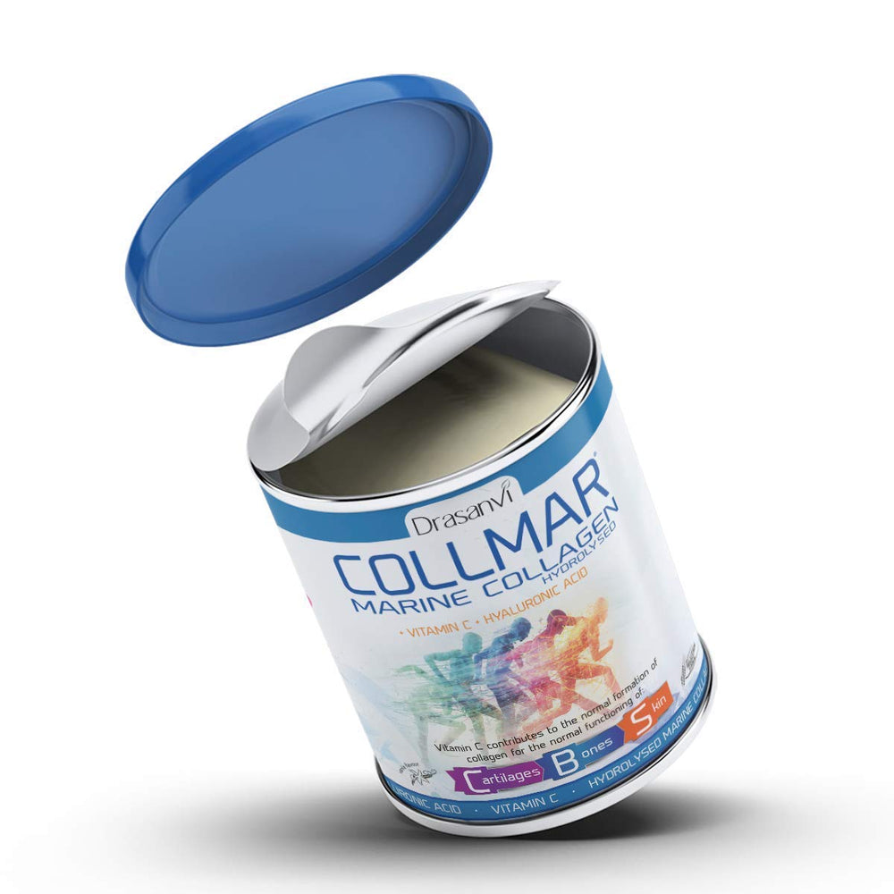 Drasanvi COLLMAR nutrition label highlights Vitamin C and Hyaluronic Acid benefits.