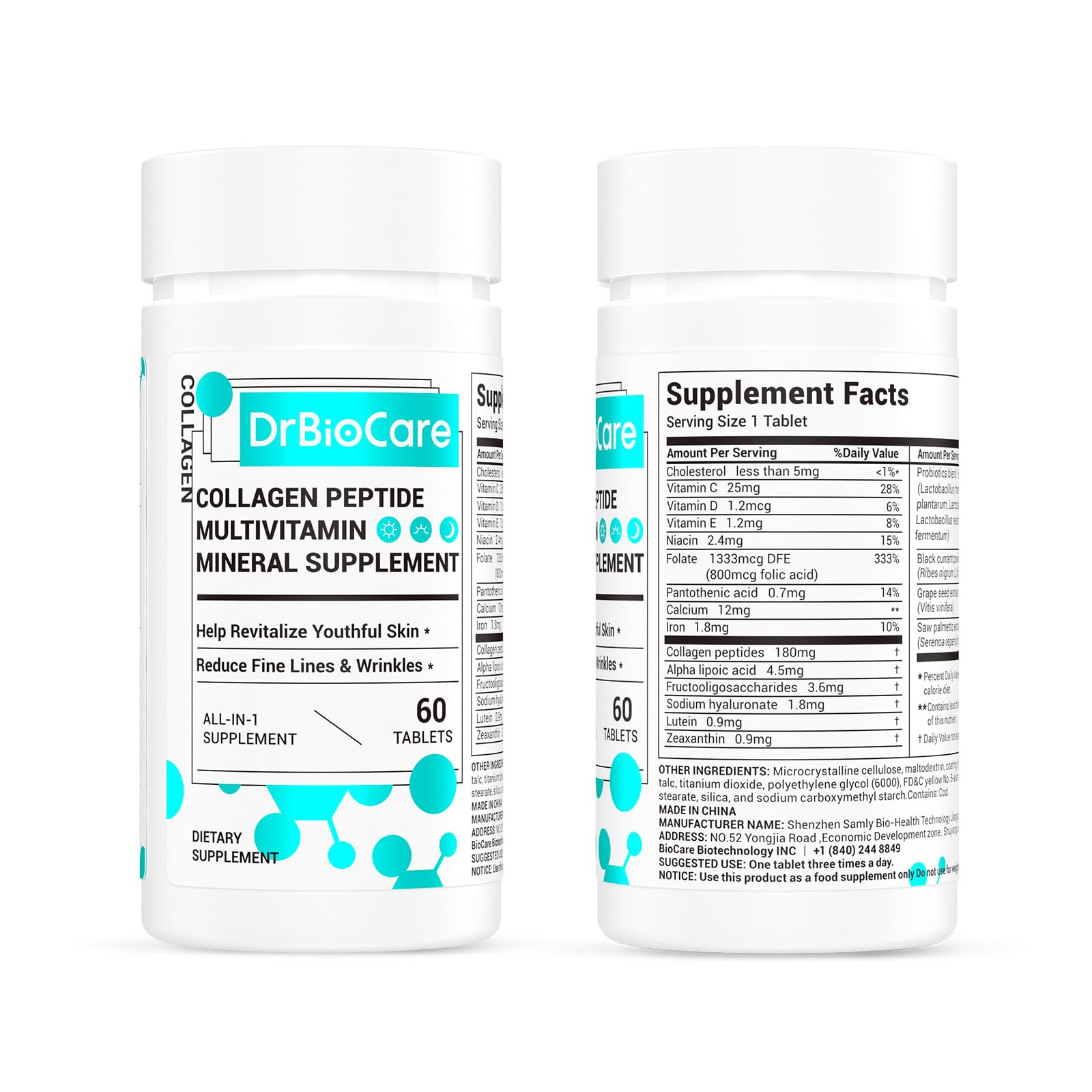 DrBioCare bottle label detailing Vitamin D3 and B Complex for daily vitality.