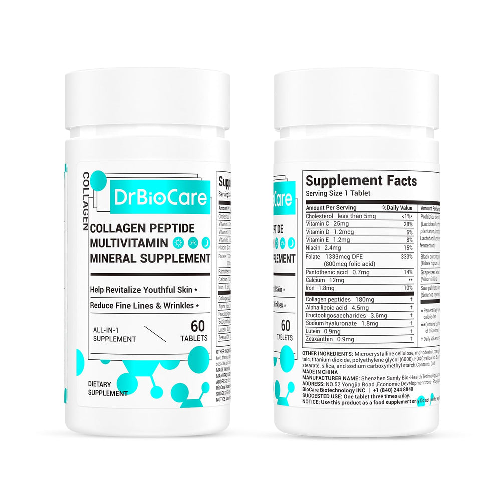 DrBioCare bottle label detailing Vitamin D3 and B Complex for daily vitality.