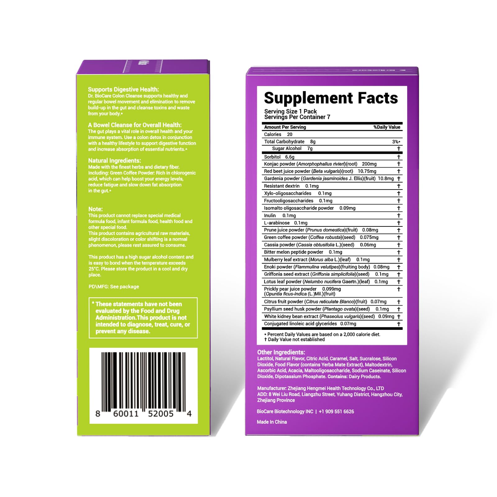 DrBioCare Colon 7 Days Cleanse nutrition label for informed choices.