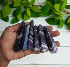 Dream Amethyst Obelisk on display for meditation