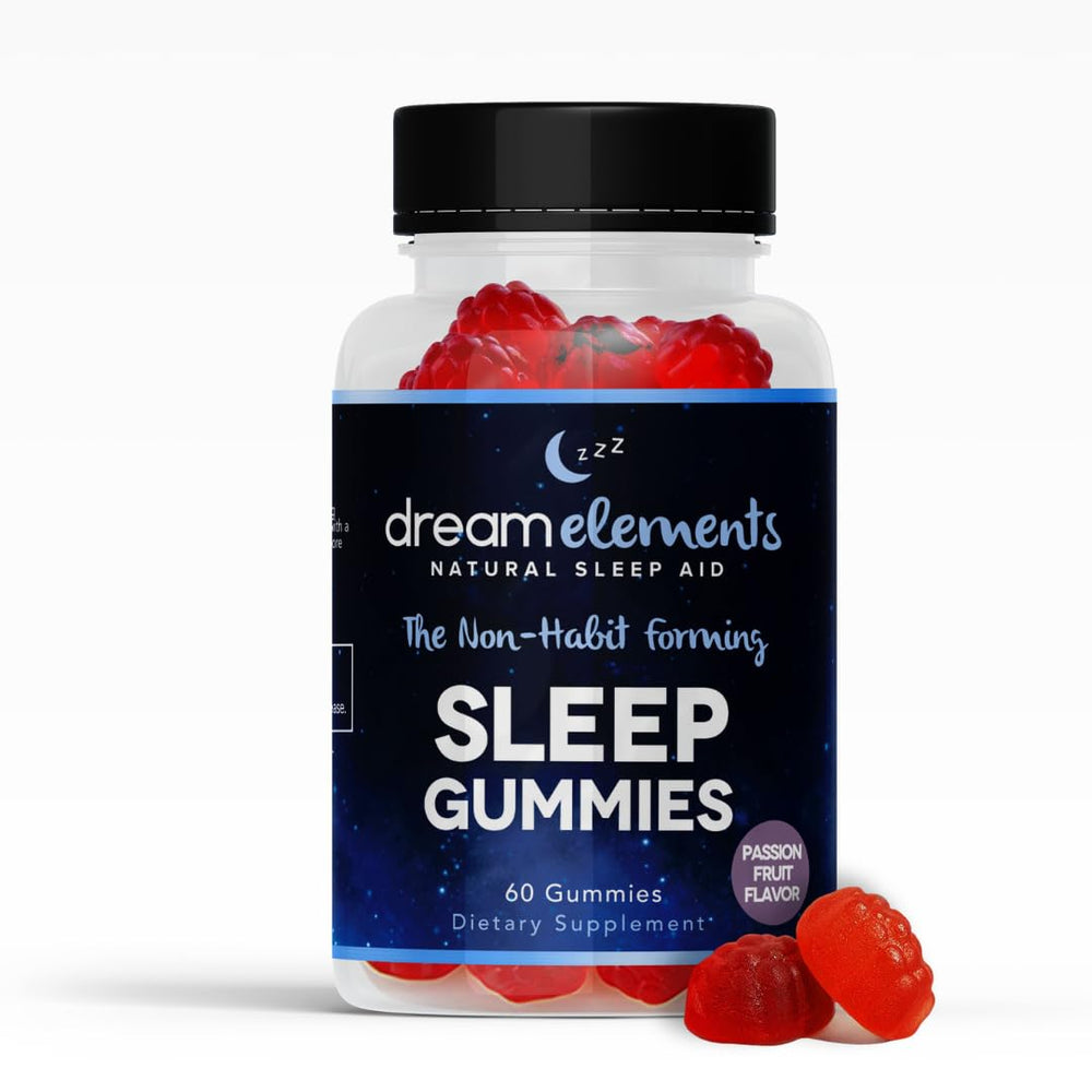 Dream Elements Sleep Gummies bottle close-up for a calming nightly routine