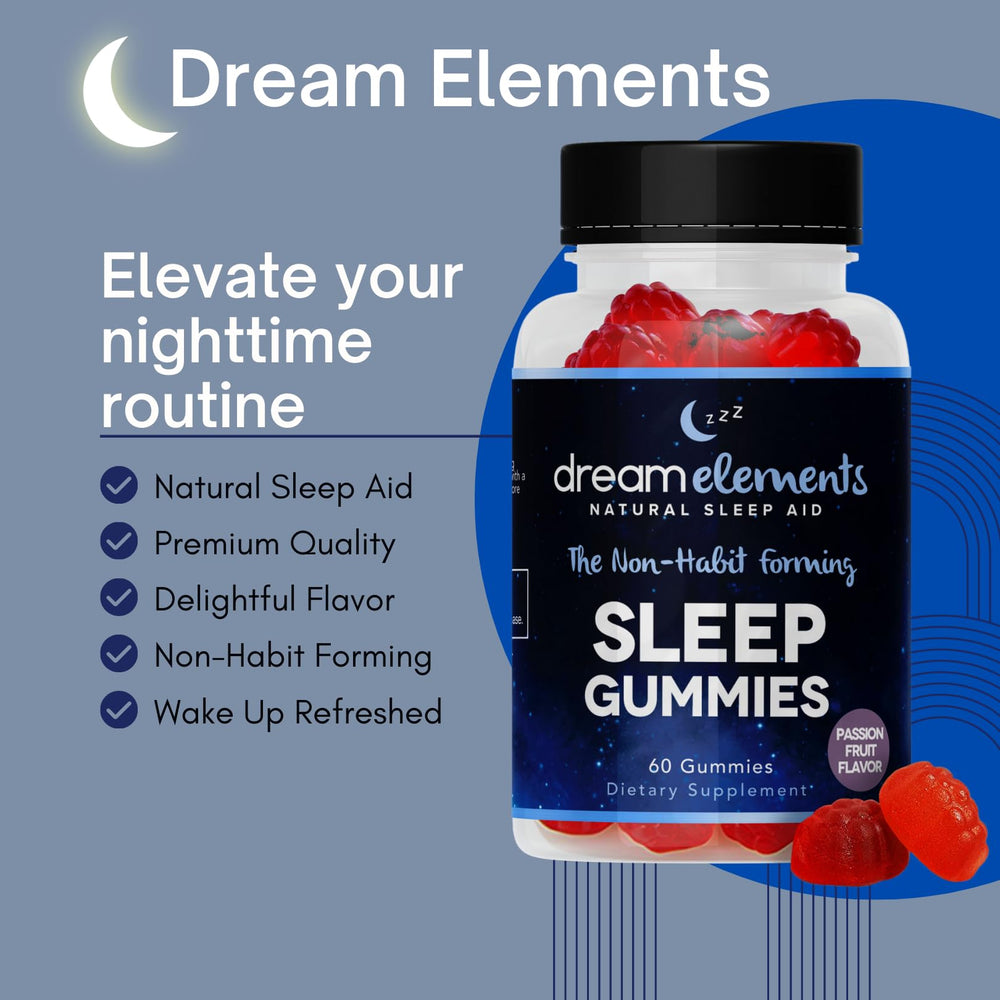 Dream Elements Sleep Gummies packaging shot highlighting convenient bedtime enjoyment