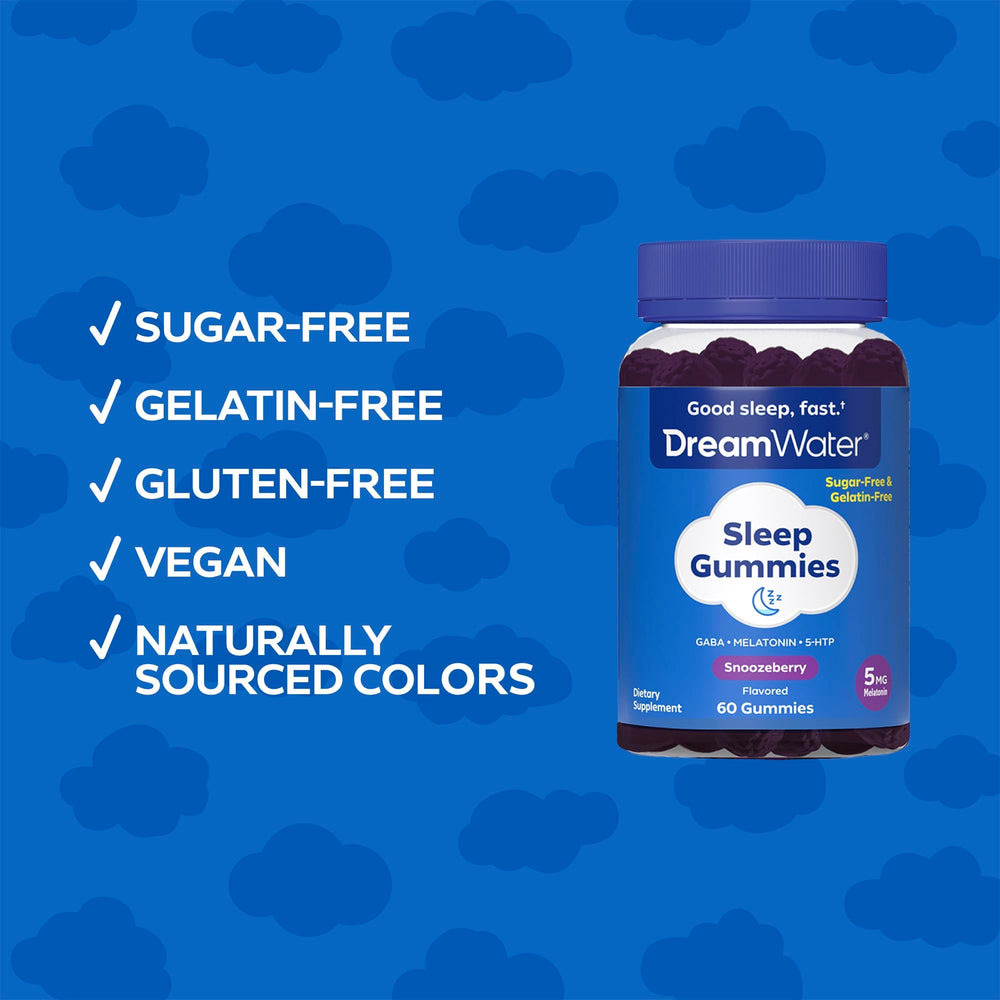 Nutrition panel shows gluten-free and gelatin-free attributes for Dream Water Snoozeberry Gummies.