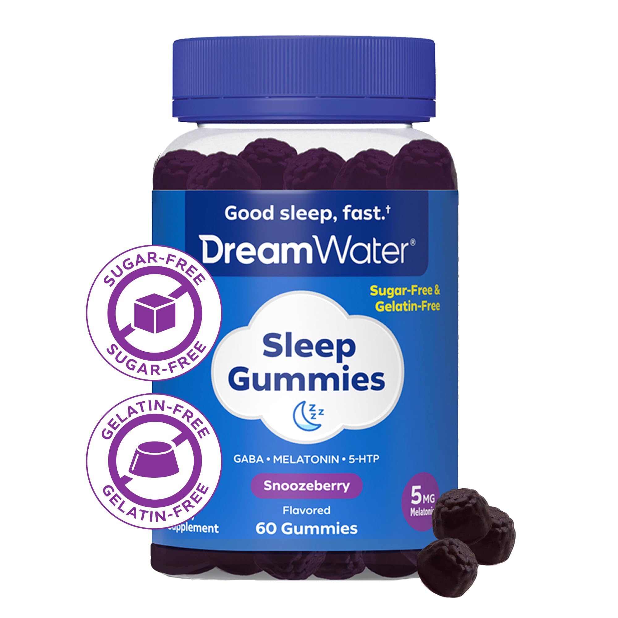 Packaging of Dream Water Snoozeberry Gummies highlighting SleepStat blend and vegan-friendly formula.
