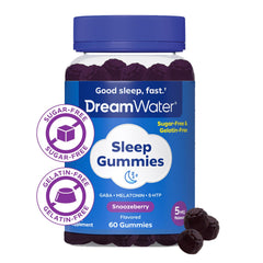 Packaging of Dream Water Snoozeberry Gummies highlighting SleepStat blend and vegan-friendly formula.