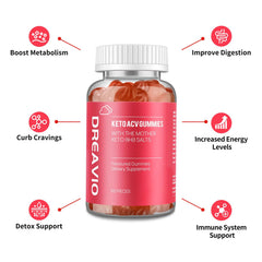 DREAVIO Keto ACV Gummies bottle back with vitamins B6 and B12 for energy support.