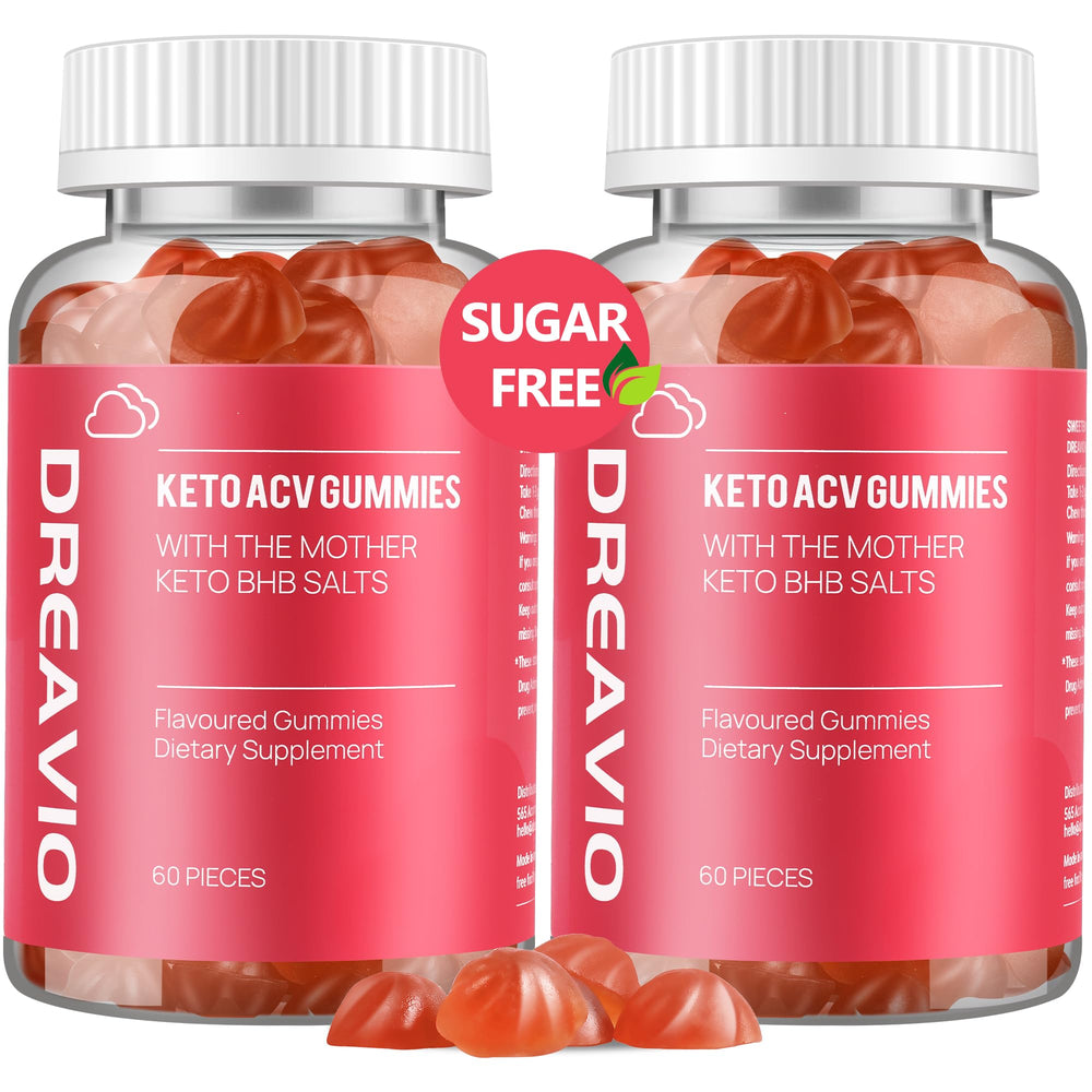 DREAVIO Keto ACV Gummies bottle front highlighting vegan, sugar-free apple cider vinegar for daily wellness.