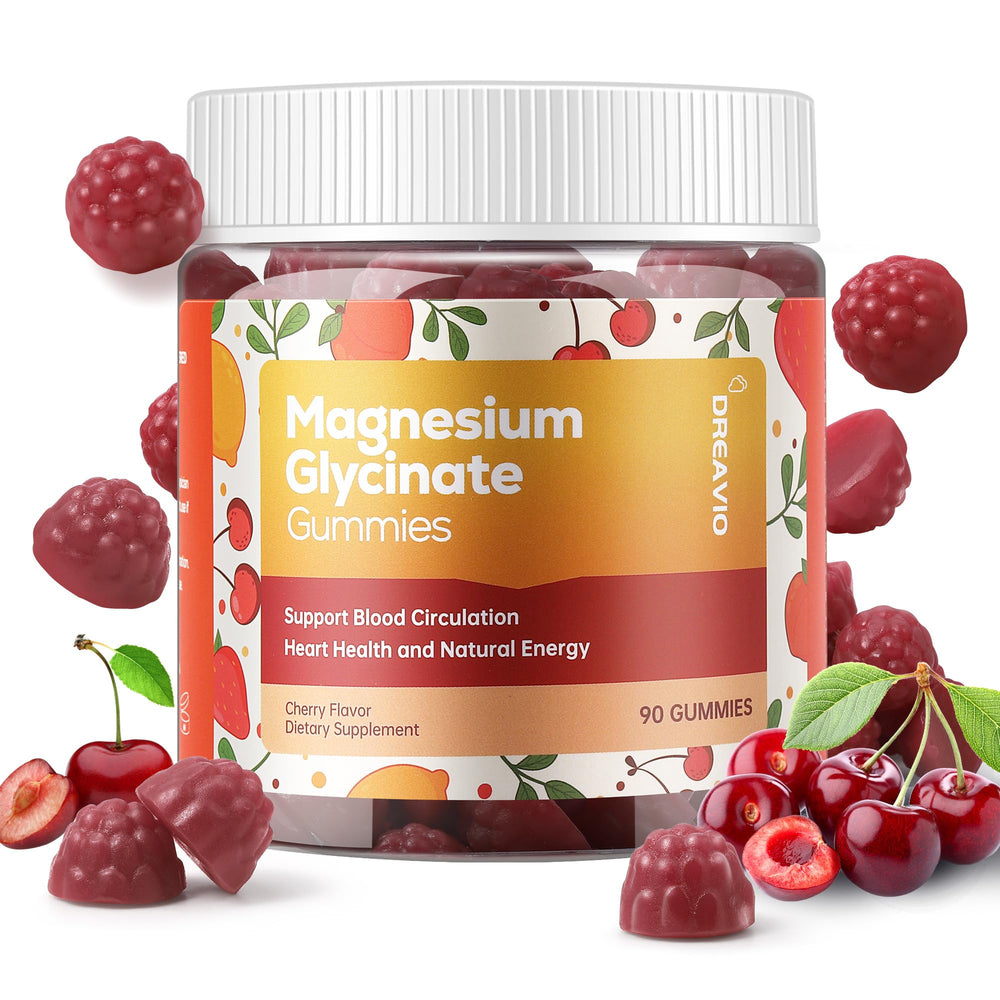 DREAVIO magnesium glycinate gummies bottle showcases a calming nighttime ritual.