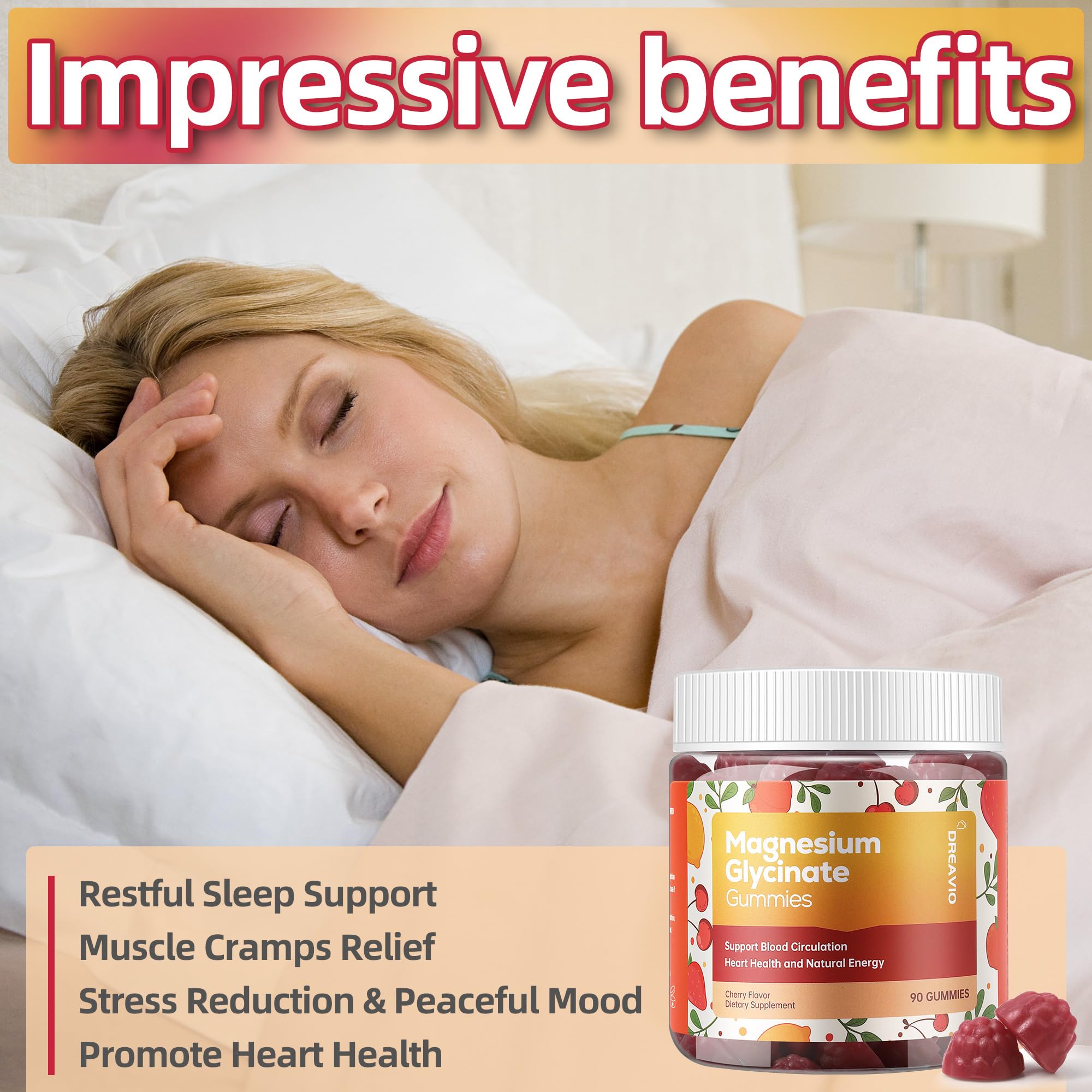 DREAVIO magnesium glycinate gummies glass jar signals premium packaging.