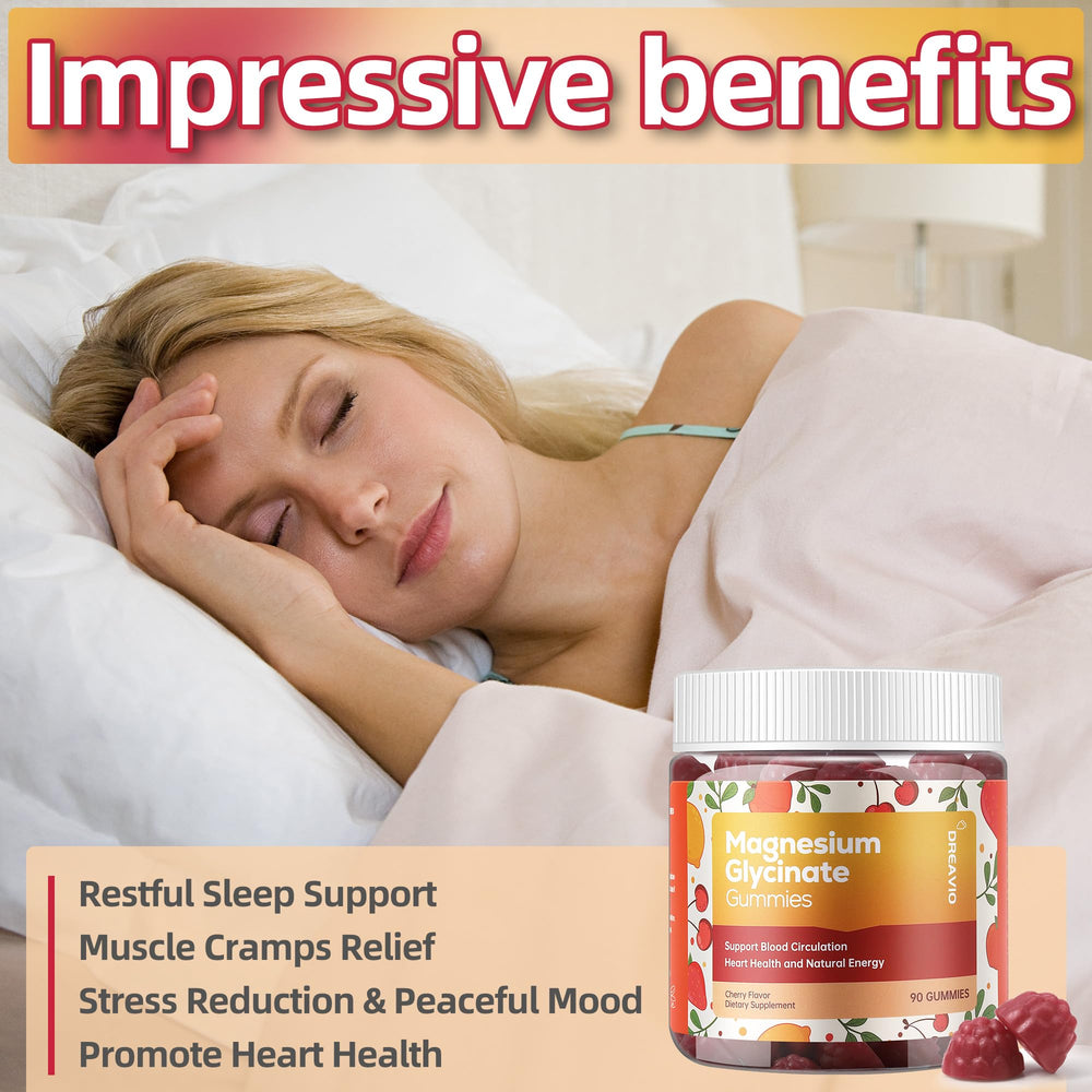 DREAVIO magnesium glycinate gummies glass jar signals premium packaging.