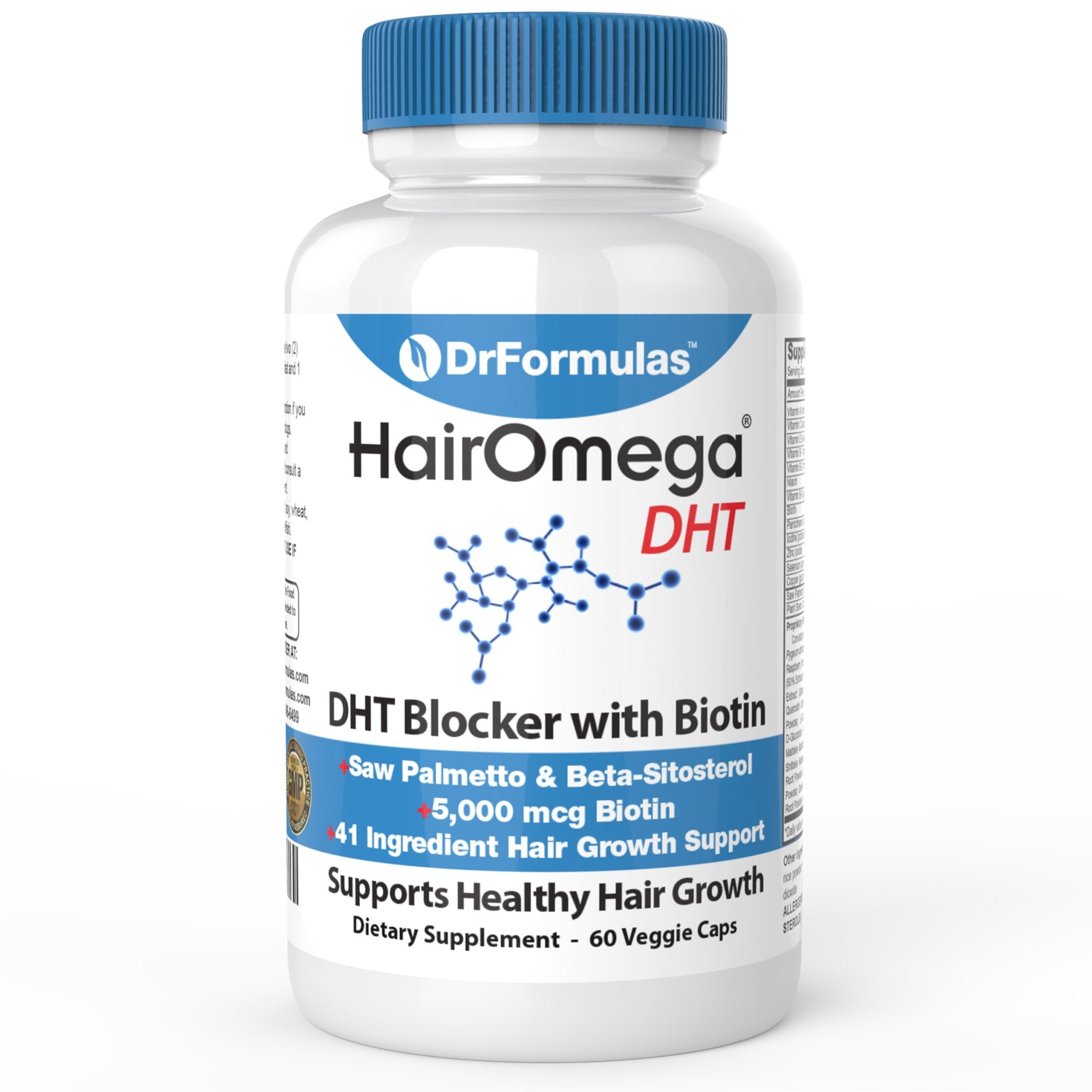 DrFormulas HairOmega bottle close-up highlighting a vitamin-rich formula for hair health