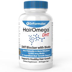 DrFormulas HairOmega bottle close-up highlighting a vitamin-rich formula for hair health
