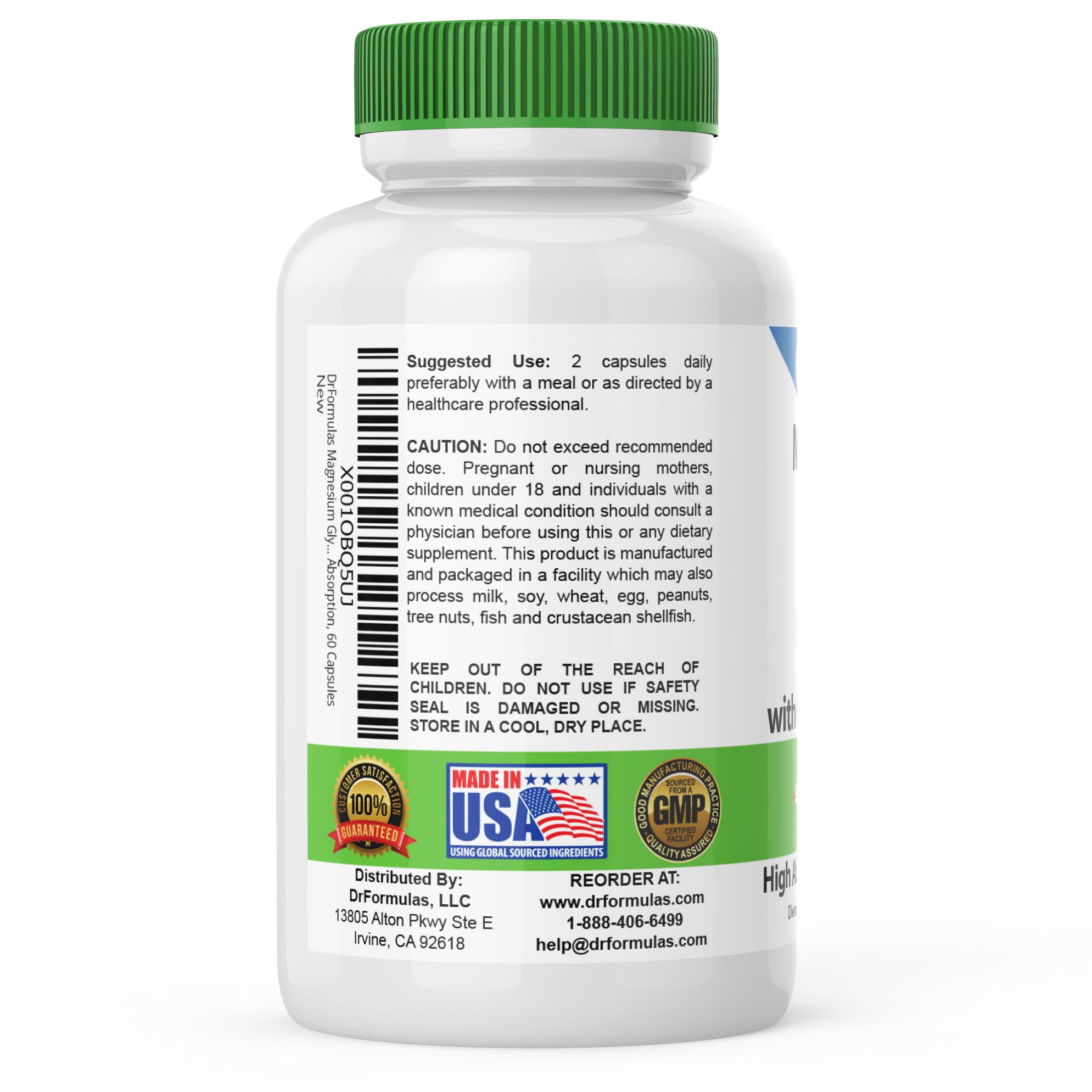 Label closeup of DrFormulas magnesium glycinate underscoring quality and safety standards