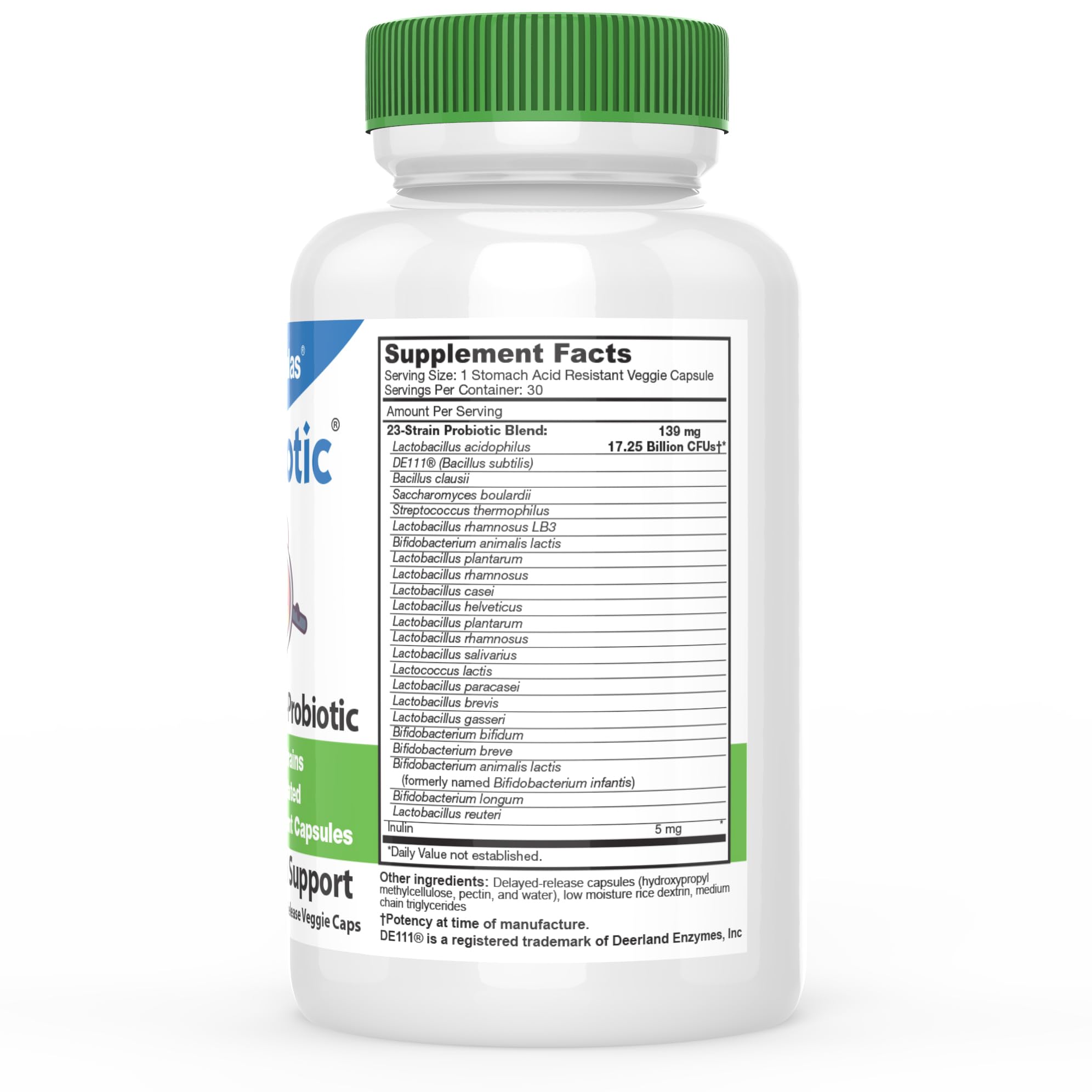 DrFormulas Nexabiotic 23 bottle label closeup showing probiotic strains.