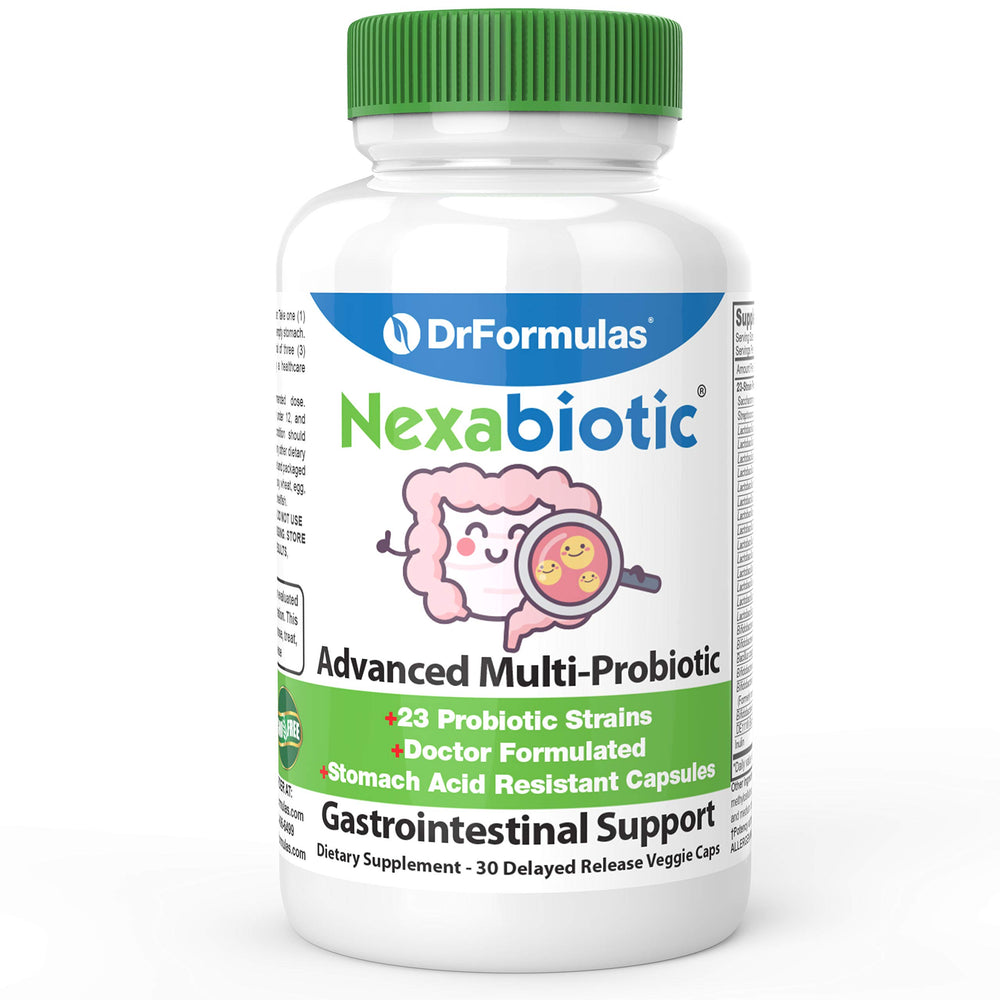 DrFormulas Nexabiotic 23 bottle with label emphasizing daily gut support.