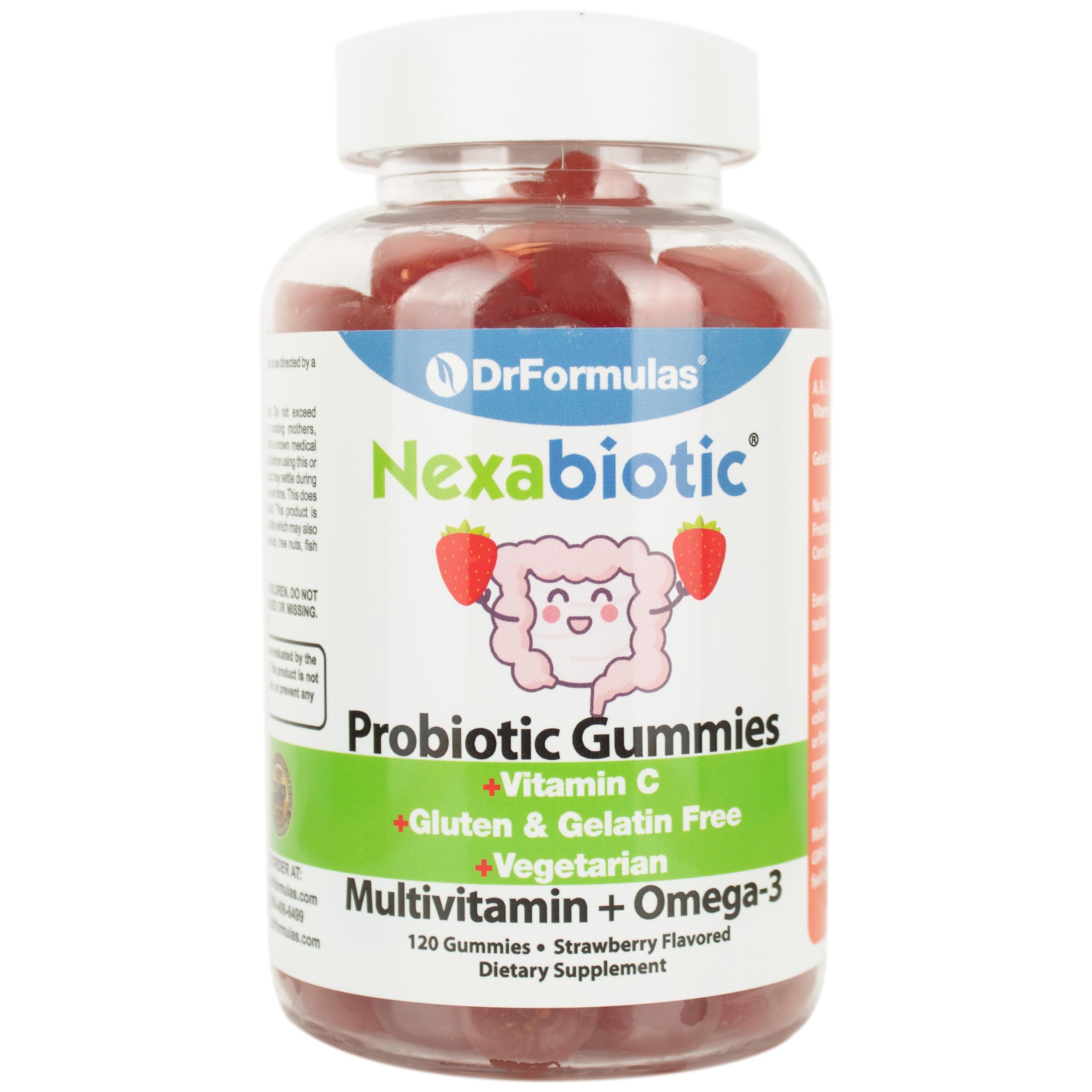 DrFormulas Nexabiotic Gummies bottle closeup showing halal vegetarian vitamins and probiotics for daily immune support.
