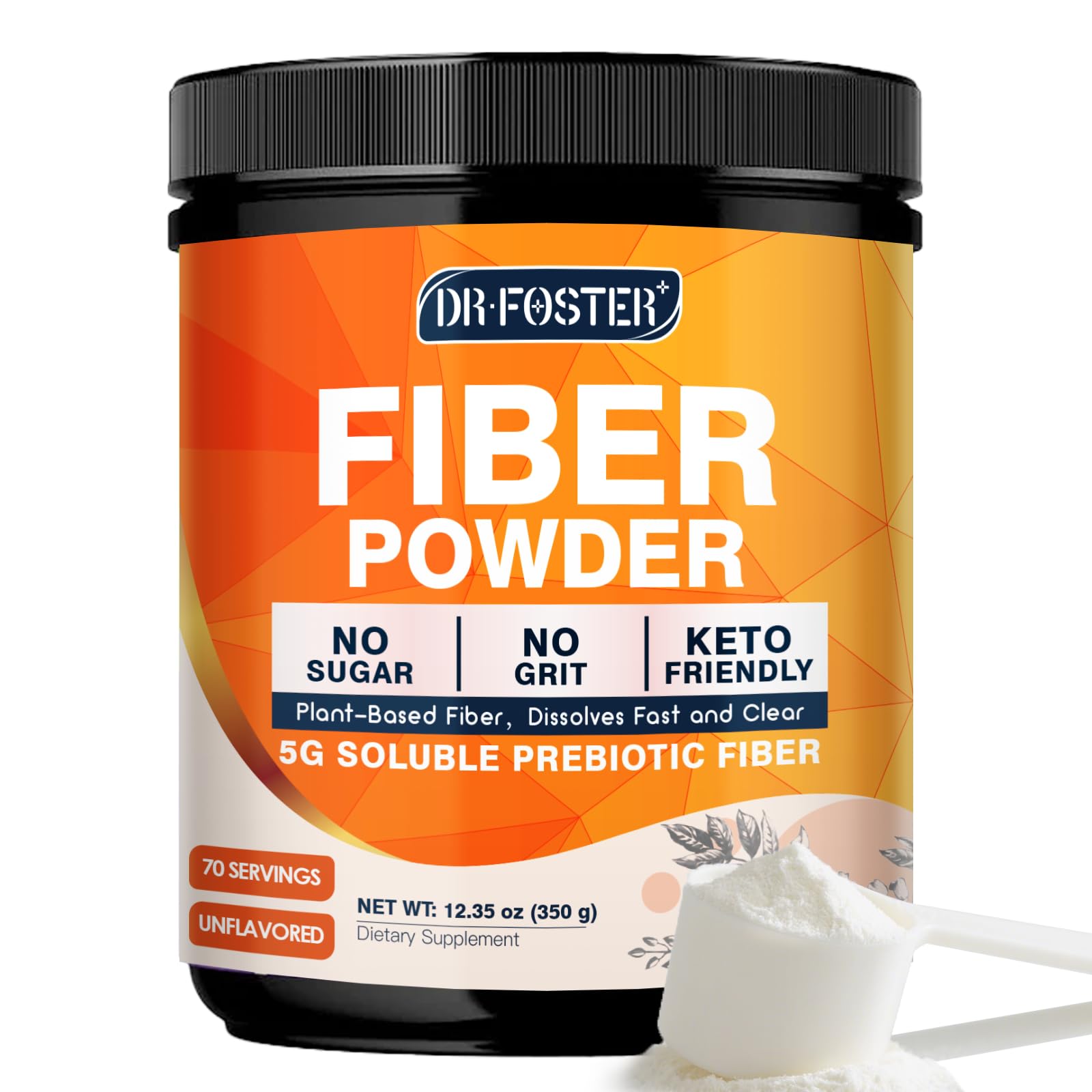 DRFOSTER bottle of unflavored prebiotic fiber powder for daily digestion support.