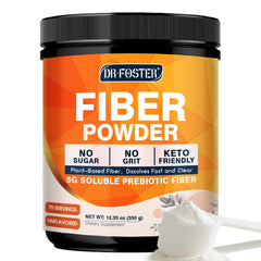 DRFOSTER bottle of unflavored prebiotic fiber powder for daily digestion support.