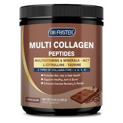 DRFOSTER chocolate collagen powder in a tin shows multi-type collagen for skin, hair, and joints.
