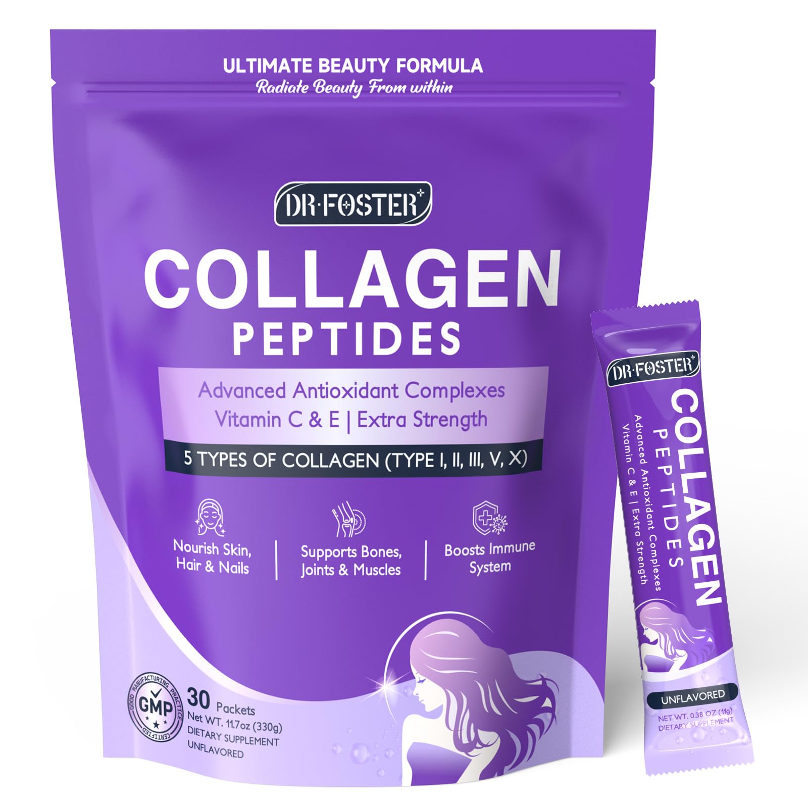 DRFOSTER Collagen-Packets packaging display highlighting convenient daily use