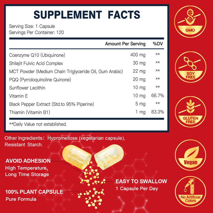 DRFOSTER CoQ10 400mg capsules showcased for easy daily supplementation.
