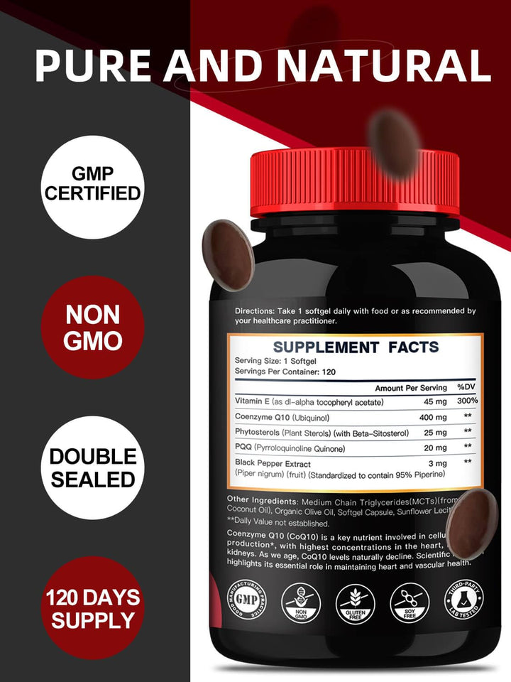 DRFOSTER CoQ10 400mg softgels bottle back highlights antioxidants.