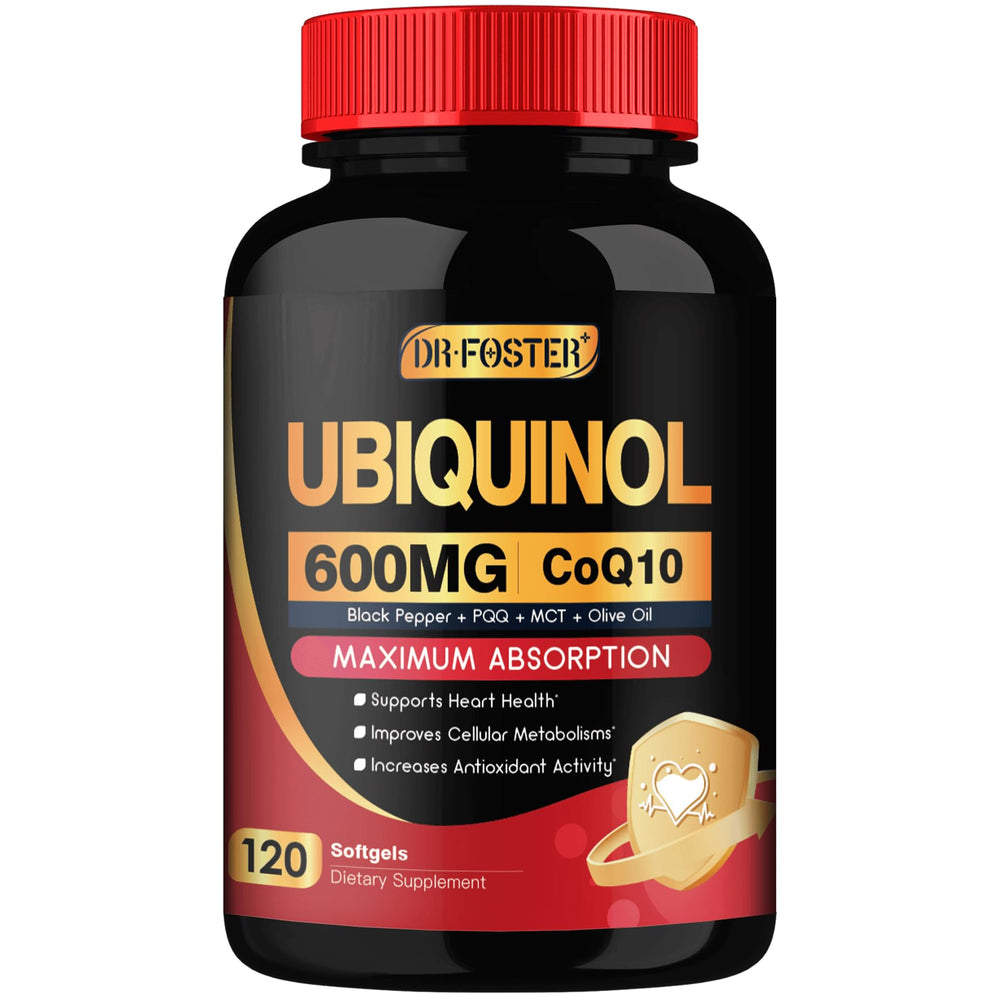 DRFOSTER CoQ10 600 mg bottle front view highlighting ubiquinol formula for energy support