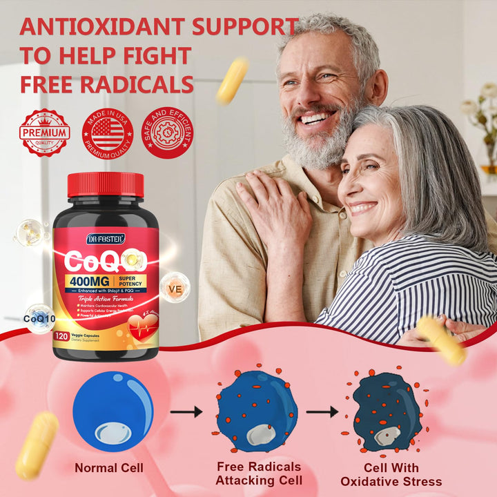 DRFOSTER CoQ10 bottle and capsules arranged on wood for daily wellness.