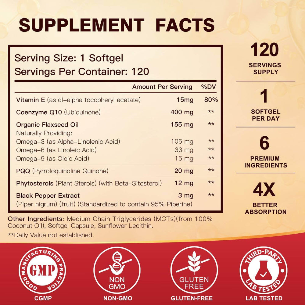 Flax seed oil and omega blend next to DRFOSTER CoQ10 softgels.
